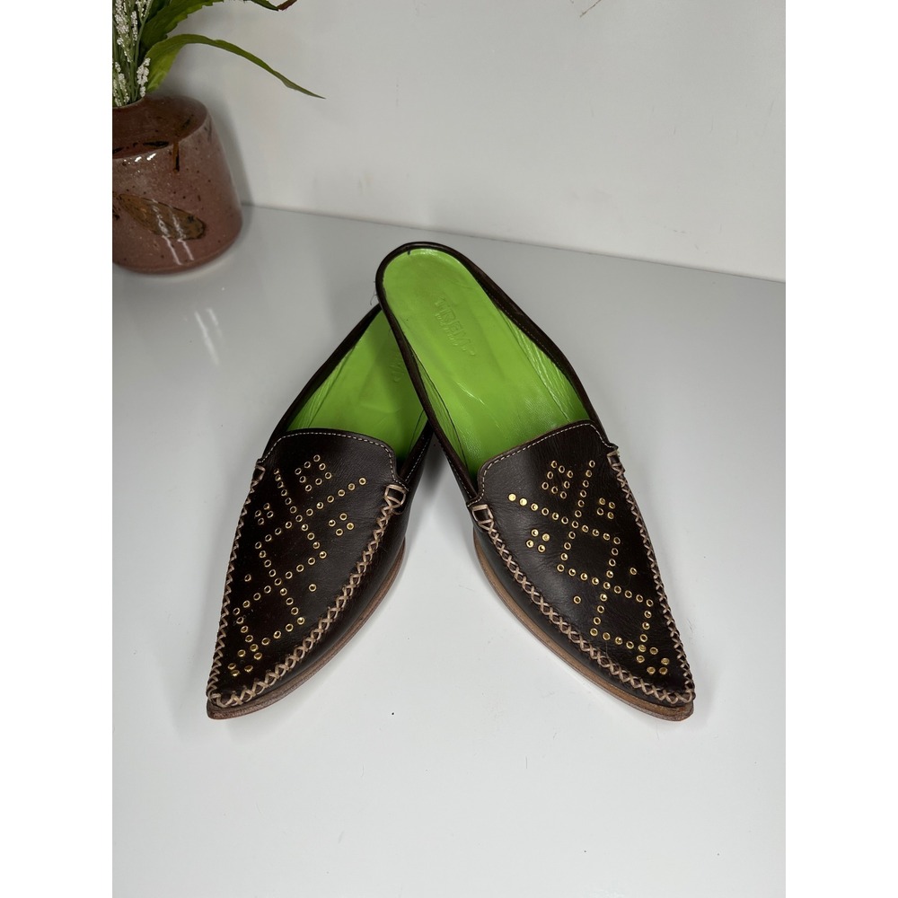 Tremp Brown Leather Studded Whipstitch Pointed Toe Mules Kitten Heel Size 39
